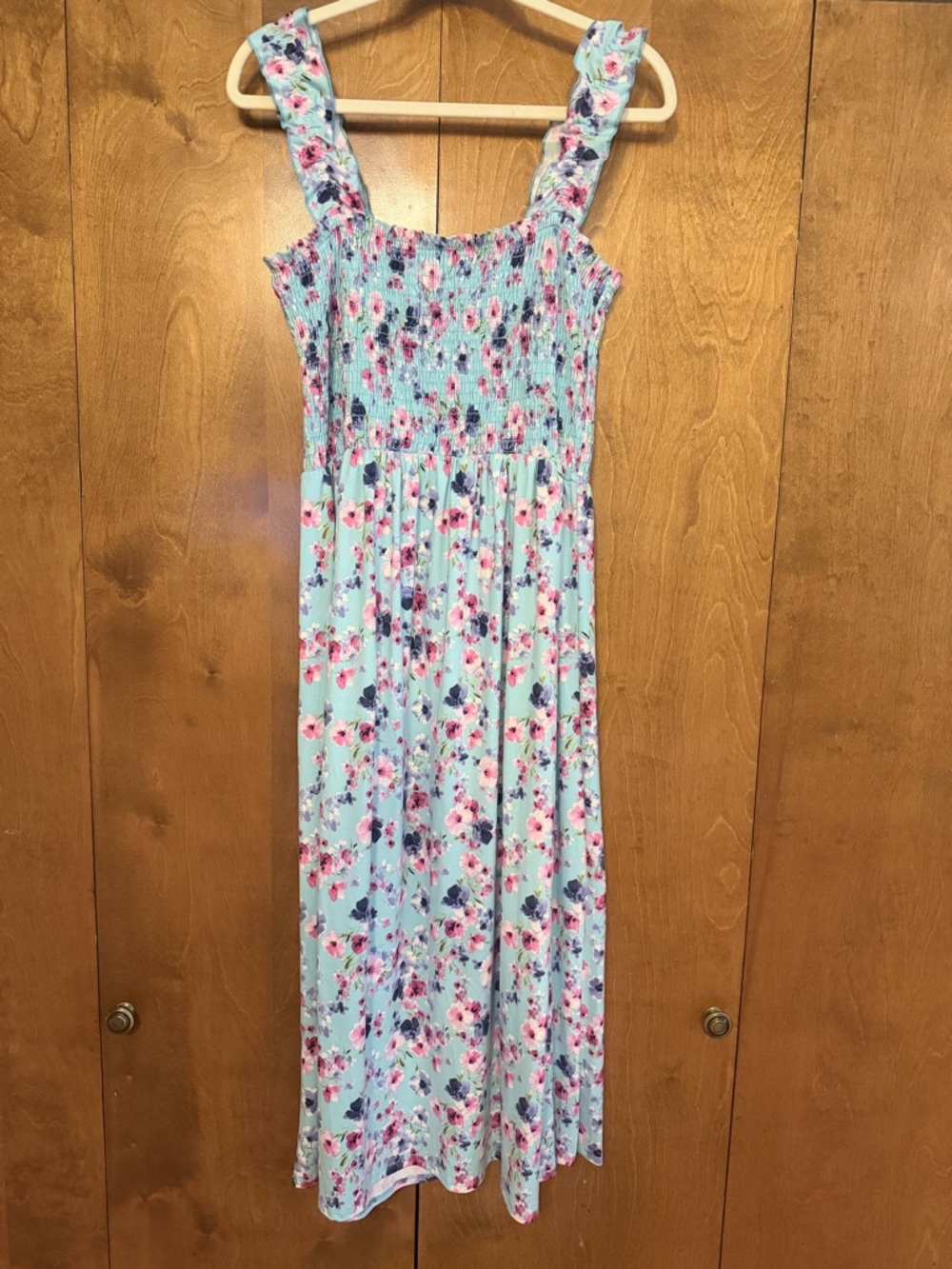 white birch Light Blue Floral Maxi Dress with Pink & Navy Accents